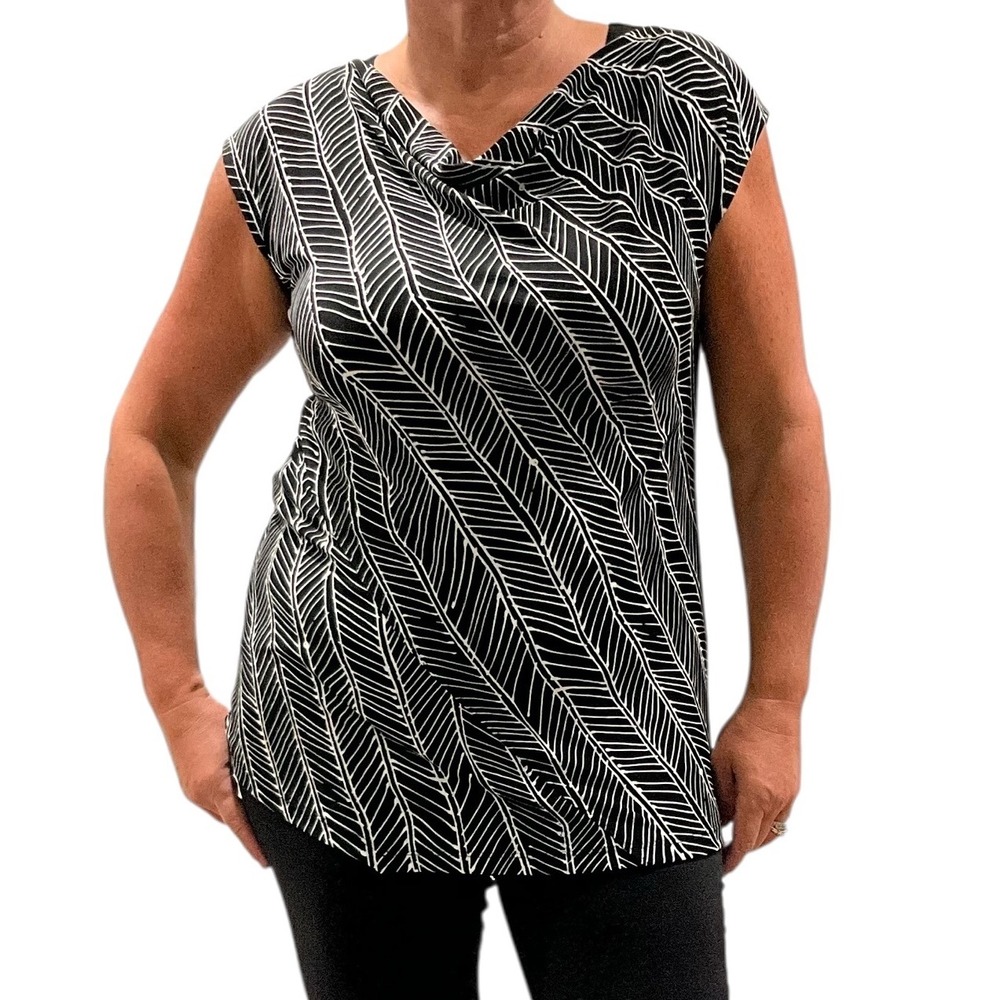 Chicos Easywear Black White Leaf‎ Print Cowl Neck Sleeveless Tank Top Blouse